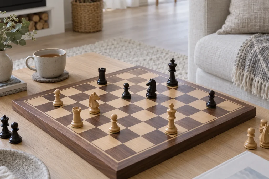 Een houten schaakspel in je interieur: mooi om te zien, uitnodigend om te spelen