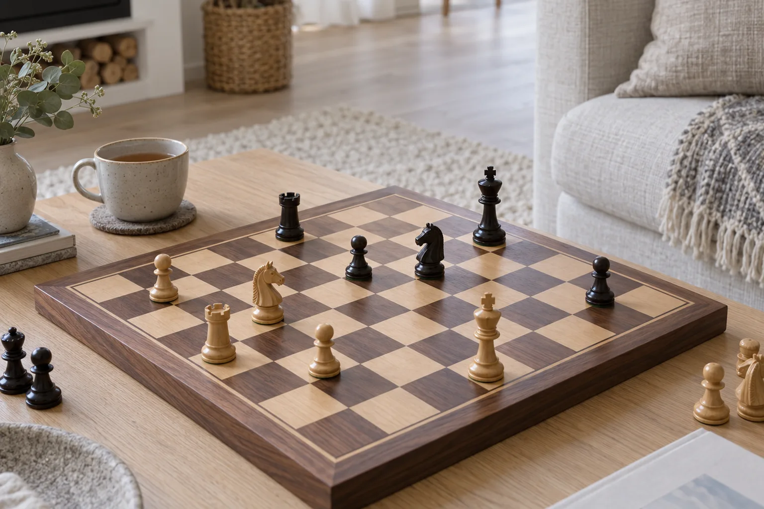 Een houten schaakspel in je interieur: mooi om te zien, uitnodigend om te spelen